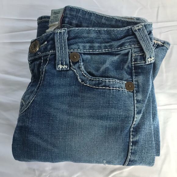 True Religion VTG Joey Big T twisted flare denim jeans womens 28 white stitching - Picture 14 of 14